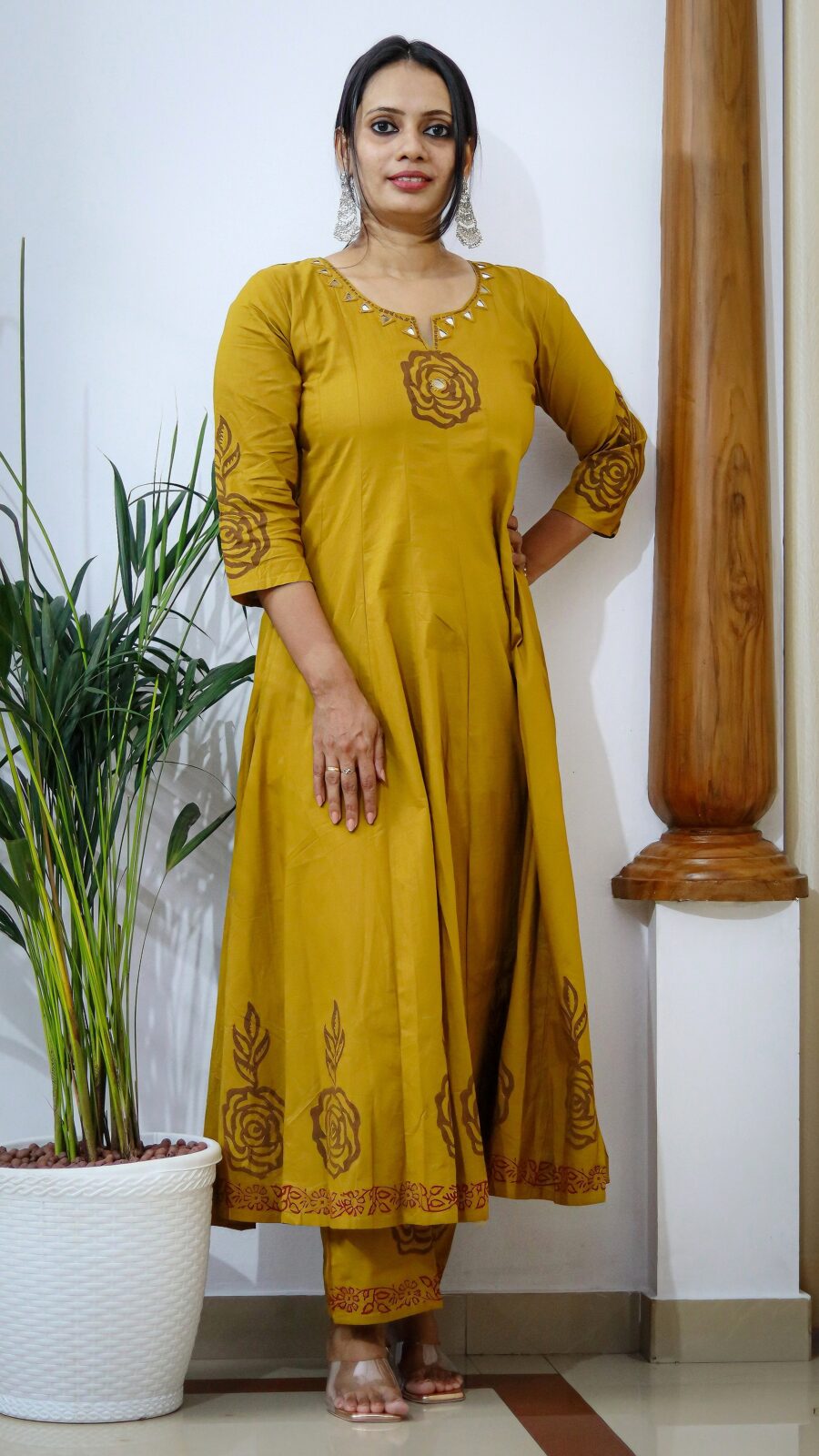 Mustard Yellow Pure Cotton Anarkali Set with Palazzo (2-Piece, Mirror Work, 8-Panel Design) - Image 2
