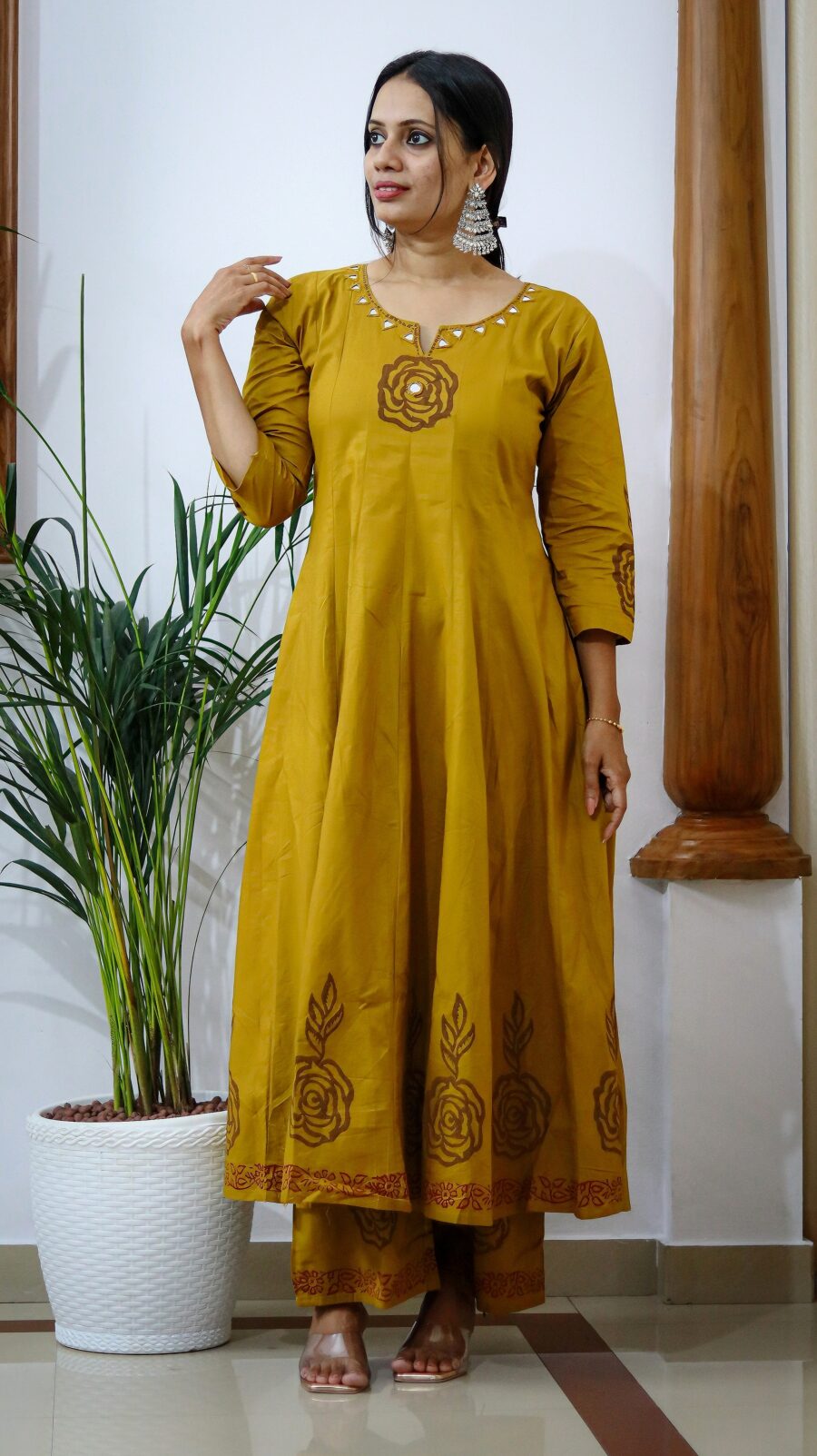 Mustard Yellow Pure Cotton Anarkali Set with Palazzo (2-Piece, Mirror Work, 8-Panel Design) - Image 3