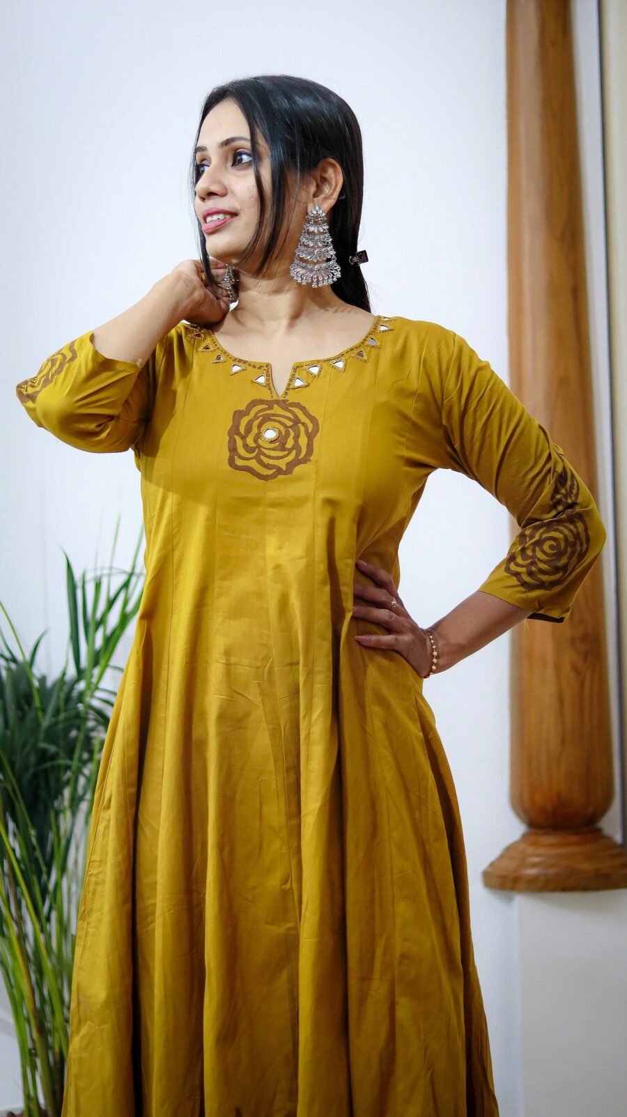 Mustard Yellow Pure Cotton Anarkali Set with Palazzo (2-Piece, Mirror Work, 8-Panel Design) - Image 4