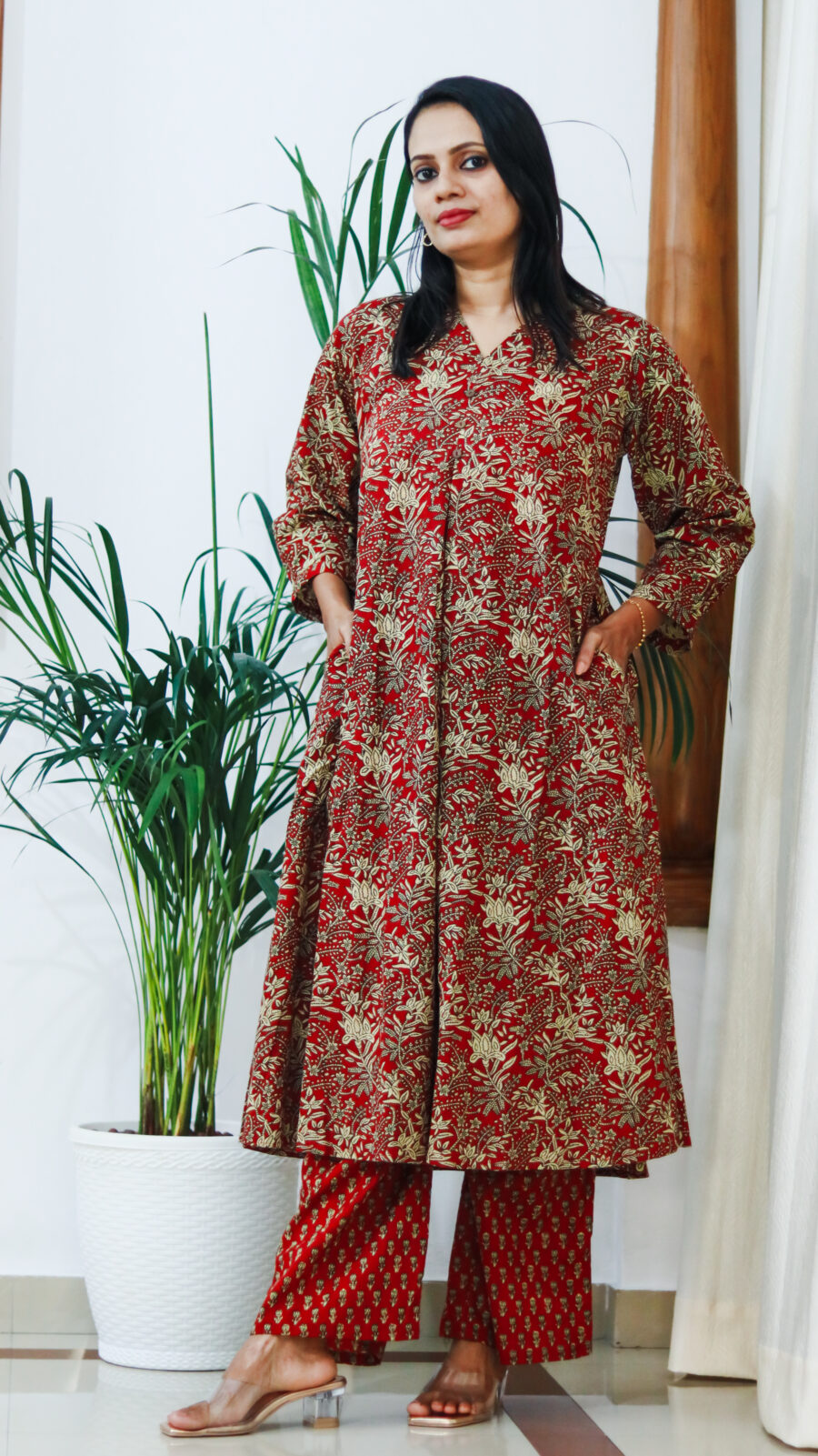 Rust Red Pure Cotton A-Line Kurta Set with Pants (Handblock-Style Print) - Image 2