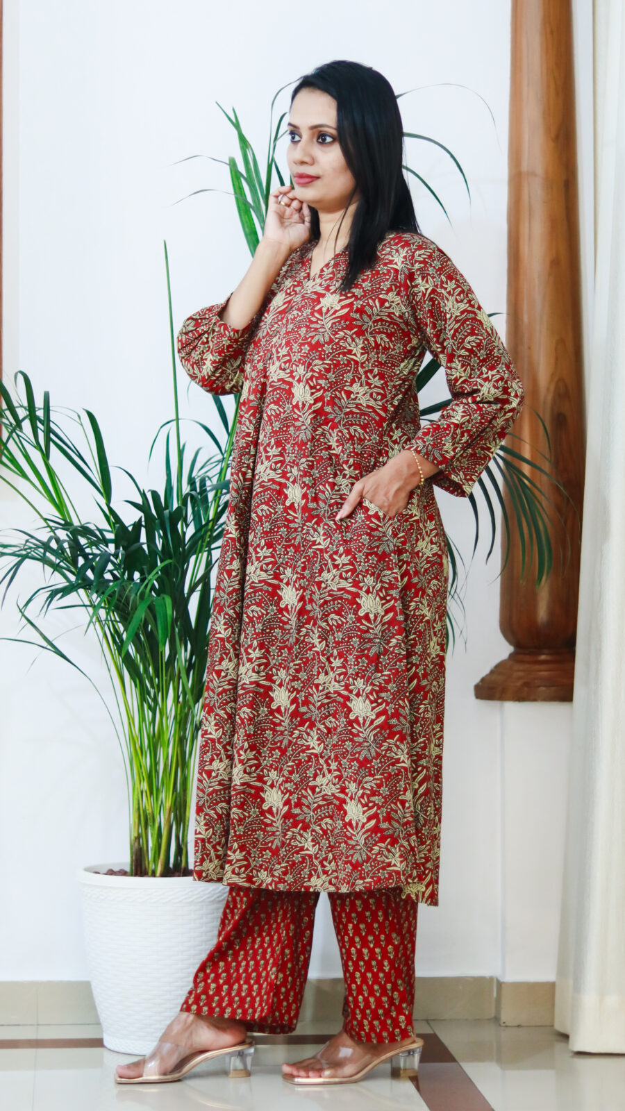 Rust Red Pure Cotton A-Line Kurta Set with Pants (Handblock-Style Print) - Image 3