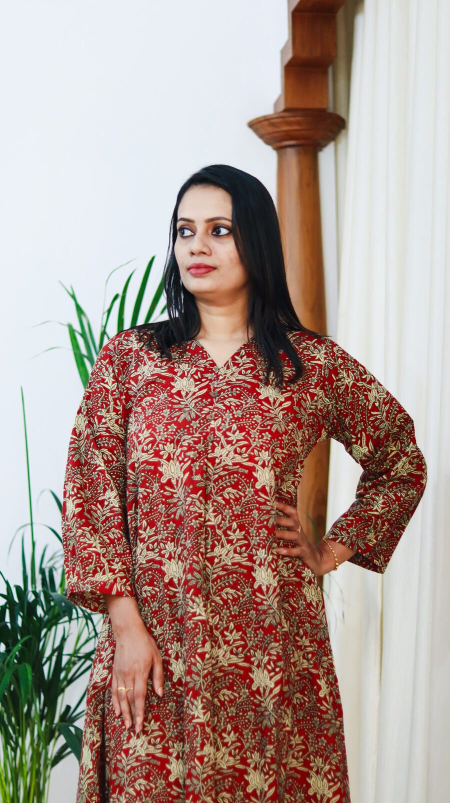 Rust Red Pure Cotton A-Line Kurta Set with Pants (Handblock-Style Print) - Image 4