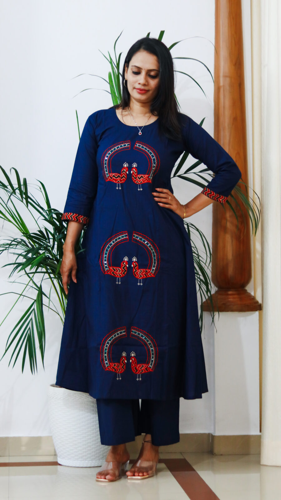 Midnight Peacock Thread-Work Cotton Kurti & Pant Set - Image 2