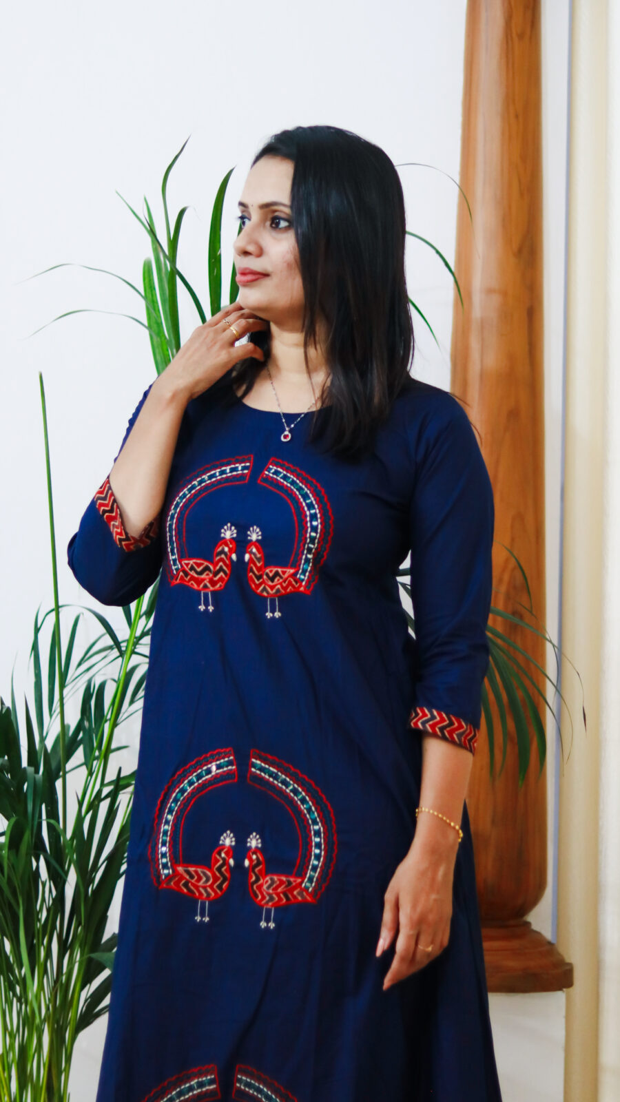 Midnight Peacock Thread-Work Cotton Kurti & Pant Set - Image 3
