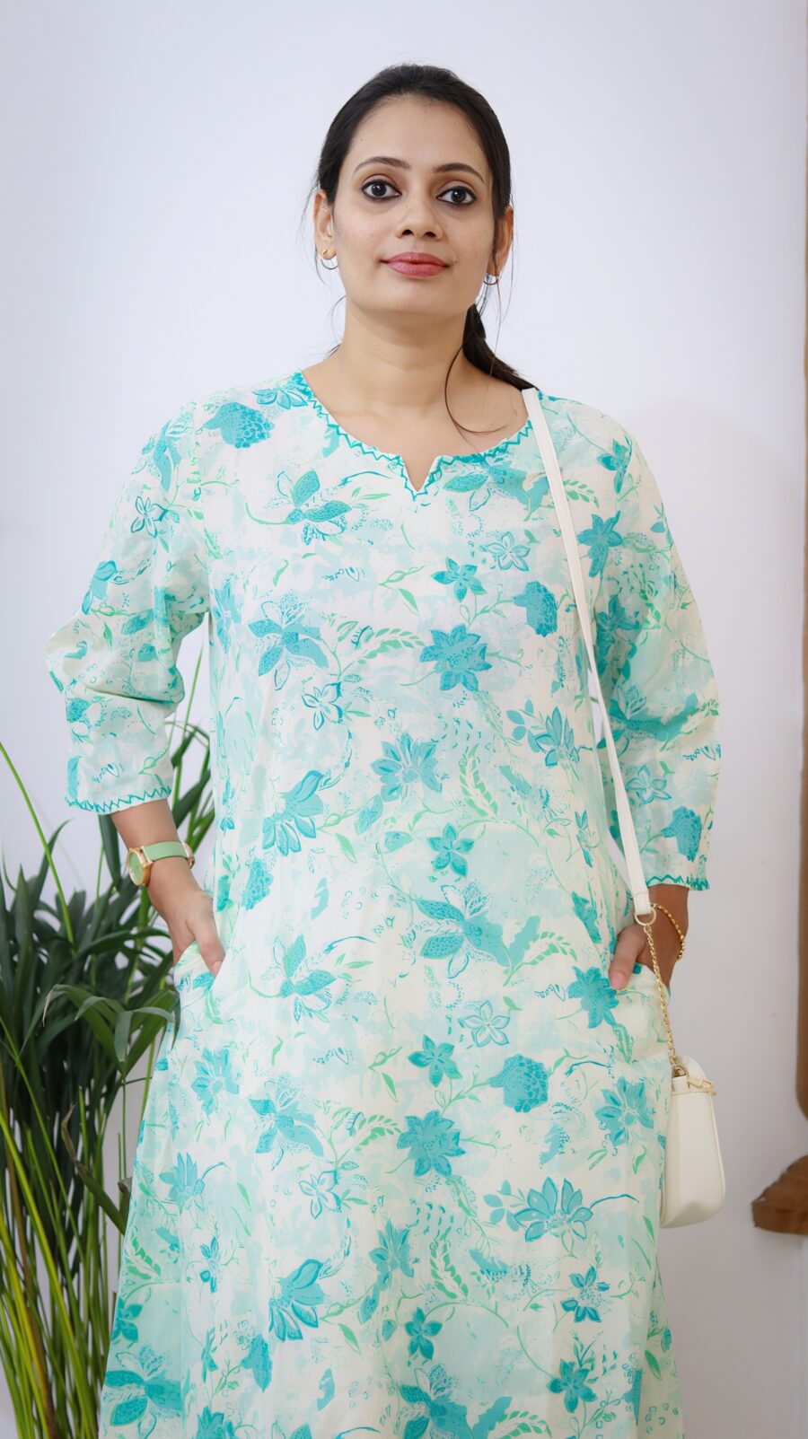 Blue Floral Cotton A-Line Kurti - Image 3