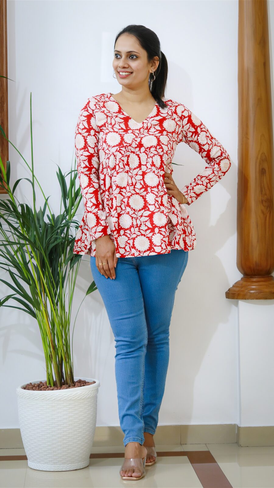 Red Floral Print Cotton Peplum Top - Image 2