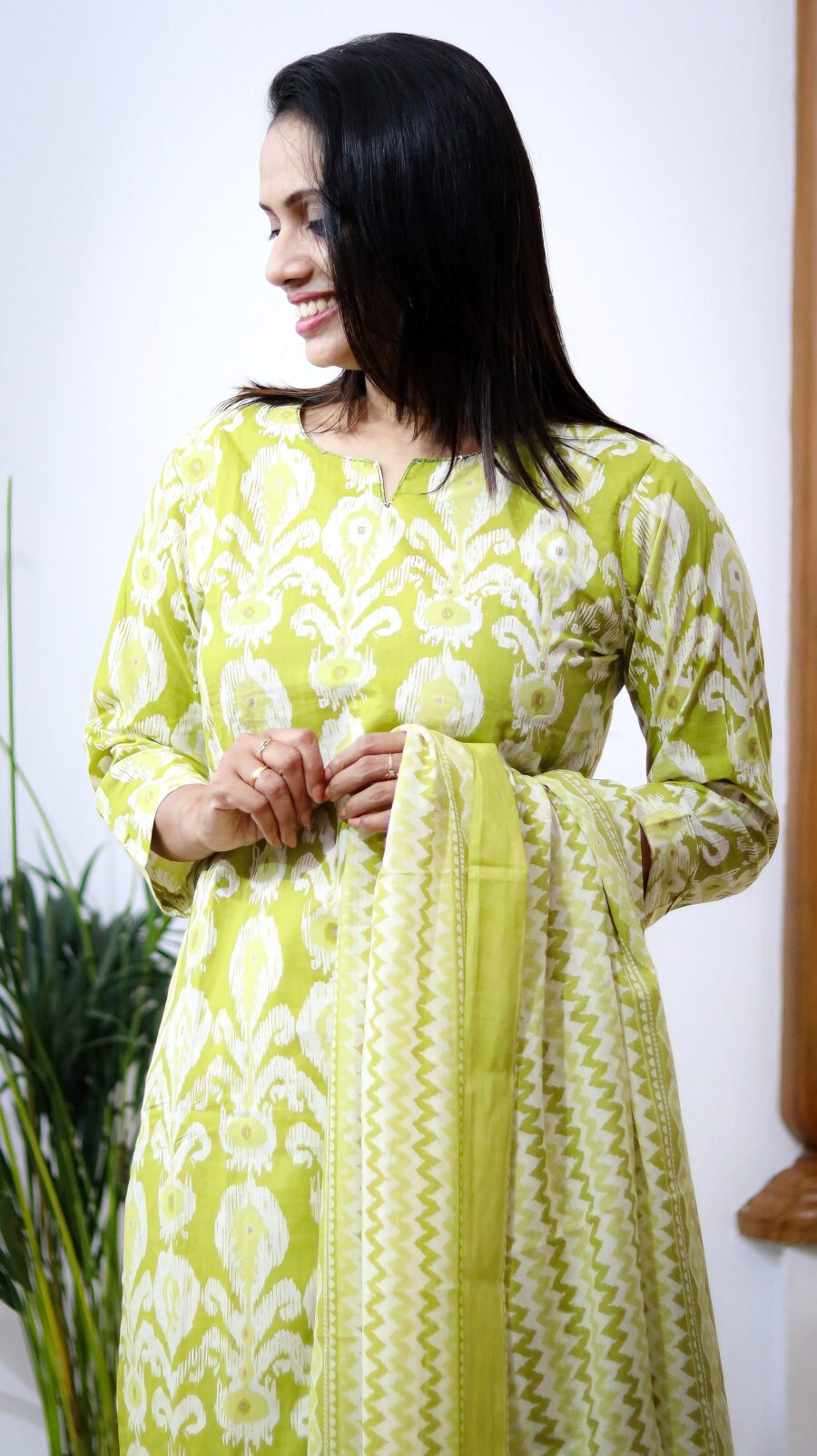 Lime Glow – Green Cotton Printed Straight Kurta Pant Set with Dupatta - Image 3