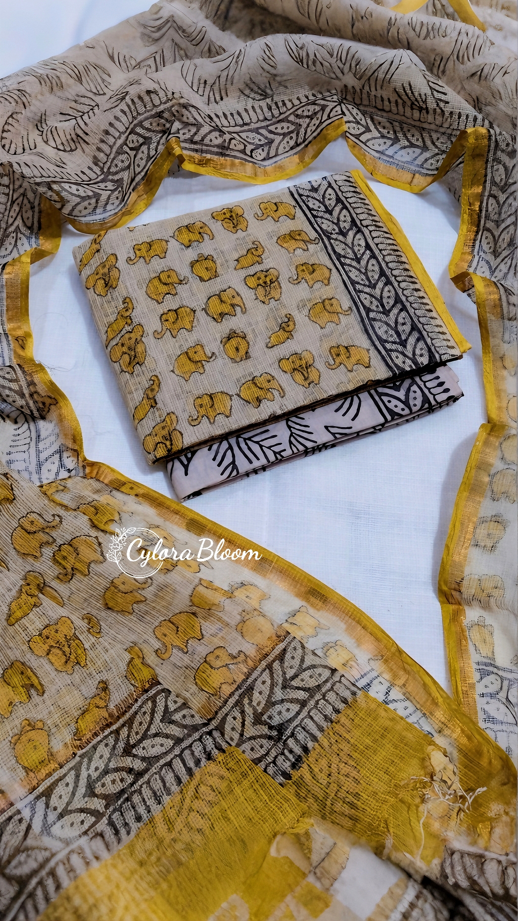 Mustard Elephant – Hand Block Printed Kota Doria Unstitched Salwar Suit