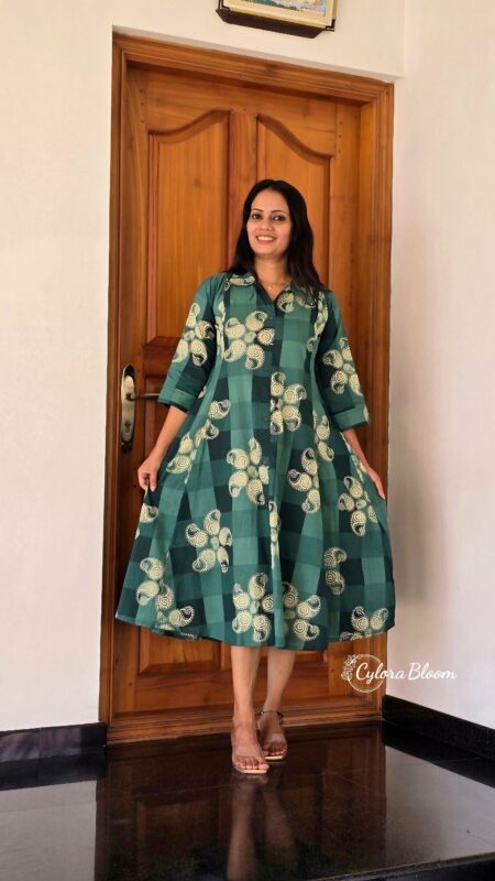 Green Printed Flared Cotton Kurti