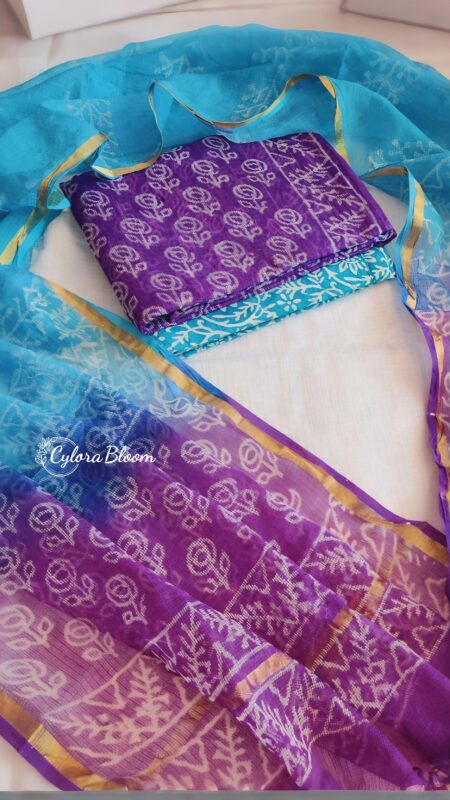Purple Bloom Hand Block Printed Kota Doria Suit
