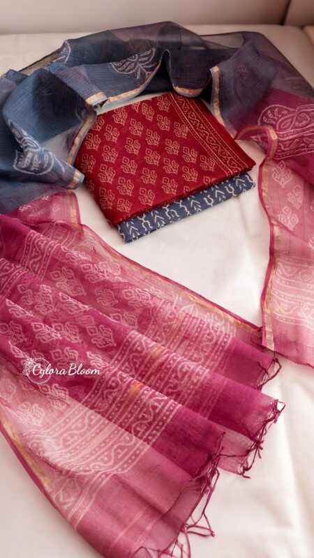 Red Hand Block Printed Kota Doria Unstitched Salwar Suit