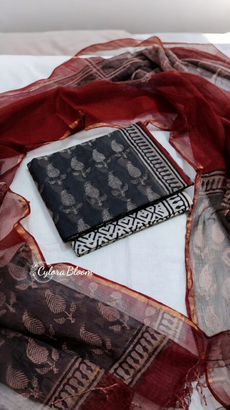 Midnight Matsya Hand Block Printed Kota Doria Suit Set