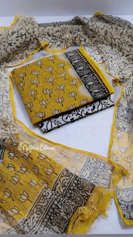 Golden Lotus Hand Block Printed Kota Doria Suit Set