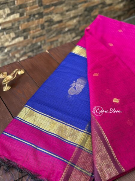 Maheshwari Cotton Silk Saree Pink & Royal Blue (Contrast)