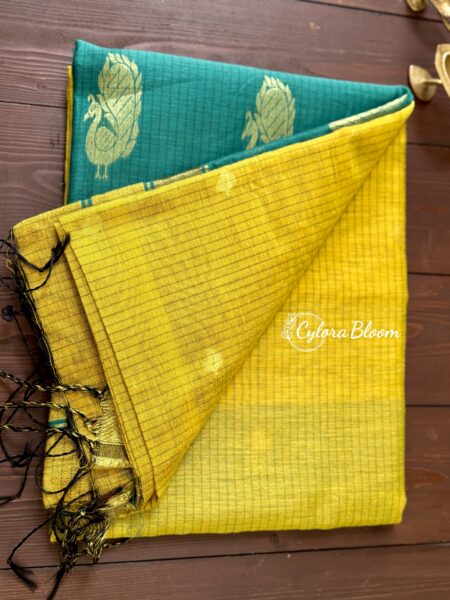 Maheshwari Cotton Silk Saree Turmeric yellow and Sea green (Contrast)